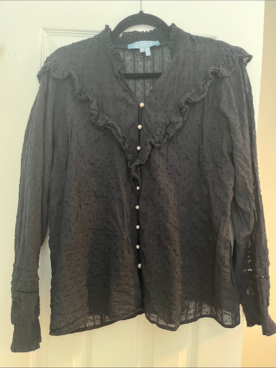 Hill House Tops - Hill House Black Ruffle Swiss Dot Blouse with Pearl Buttons